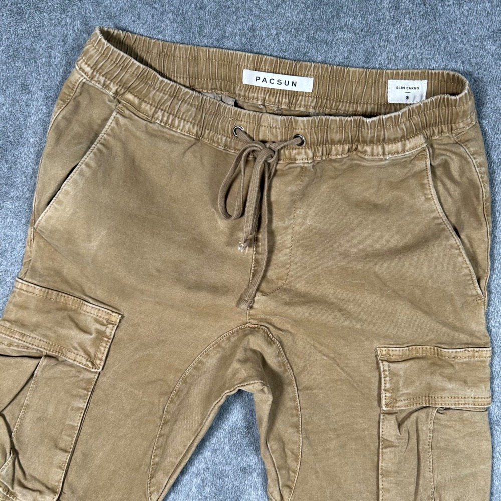PacSun Slim Cargo Pants Mens Small Dark Tan Brown Elastic Waist - Picture 2 of 13